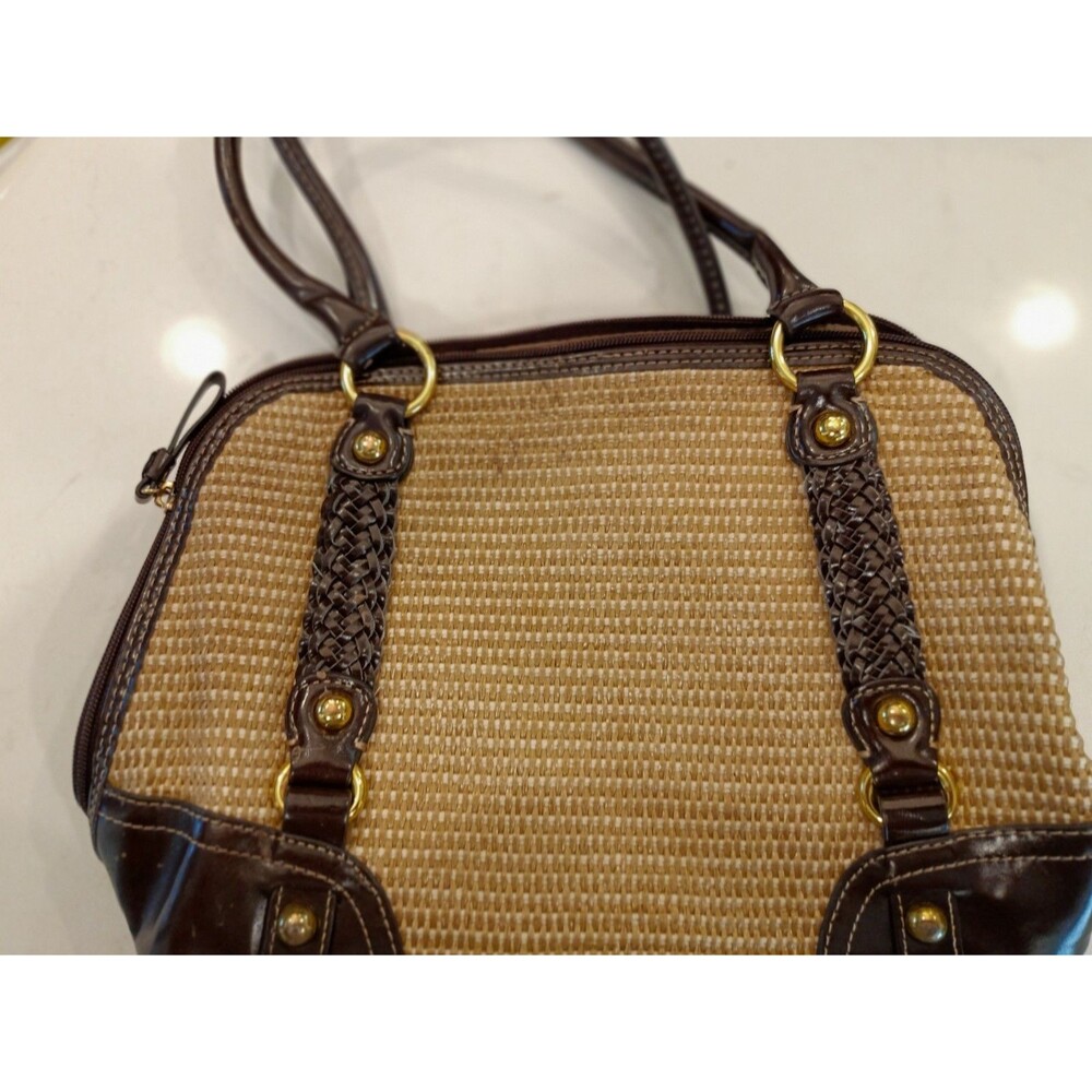 Giani Bernini Woven Straw Raffia Brown Trim Satchel Shoulder Bag Zip TopOr: